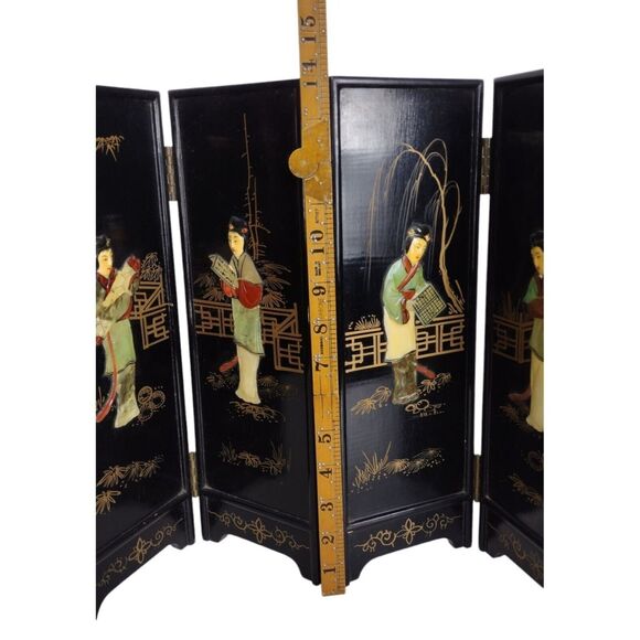 Vintage 1950s Geisha Lacquered Bamboo Abalone Paneled Tabletop Screen Divider - Picture 6 of 12